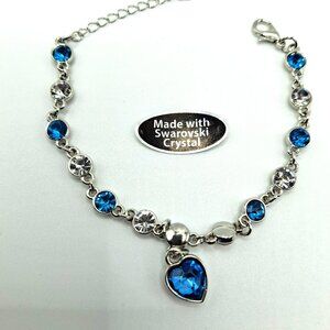 Silvertone Heart Charm Bracelet Blue and Clear Swarovski Crystals NWT